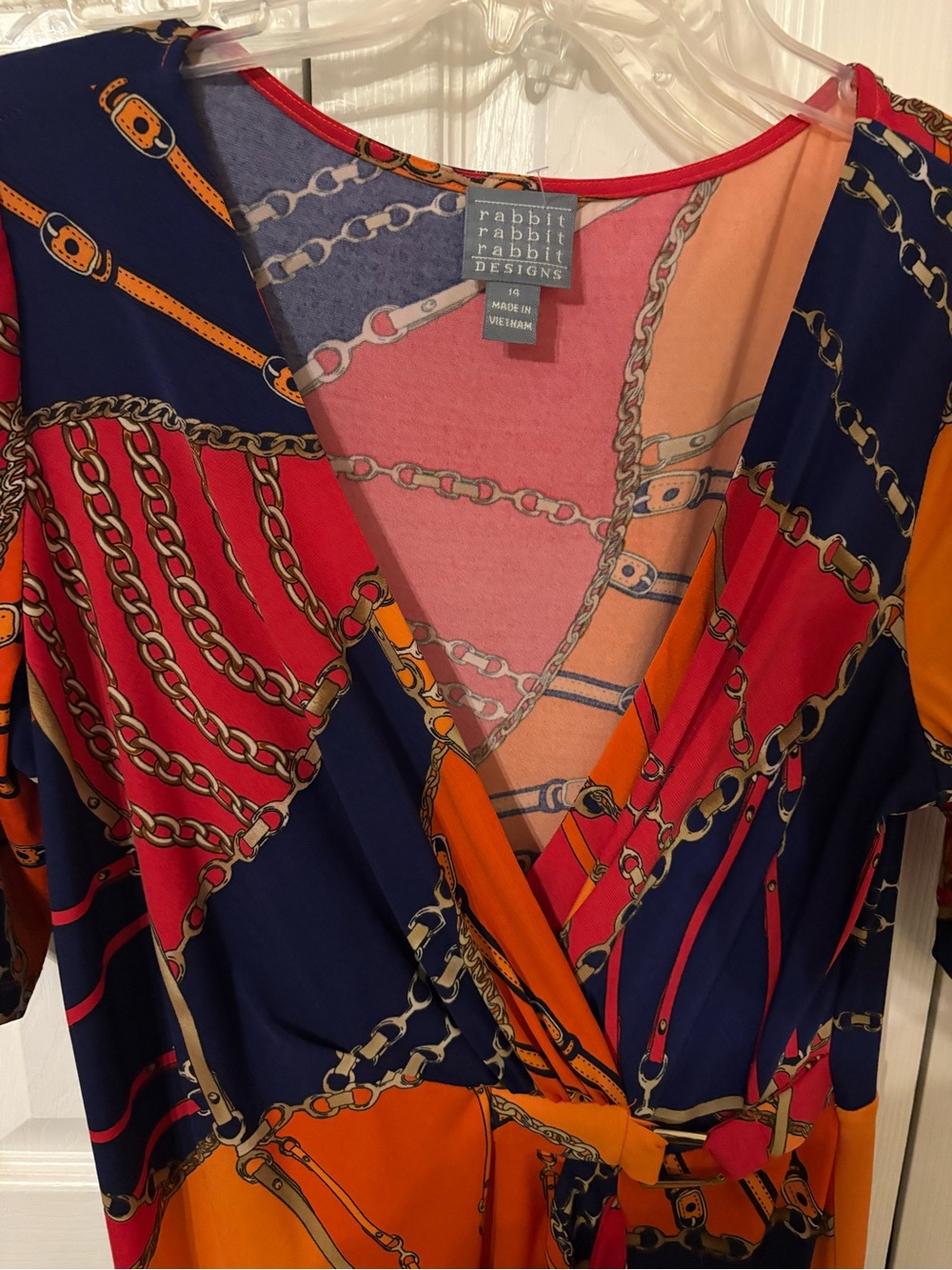 Rabbit Rabbit Rabbit Colorblock Chain-Print Wrap Dress in Orange, Navy & Red - Picture 4 of 5